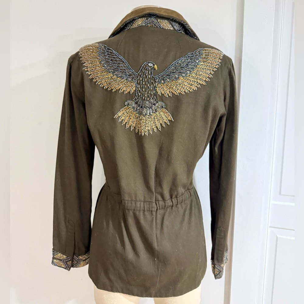 Haute Hippie Beaded Eagle Canvas Leather Military Jacket